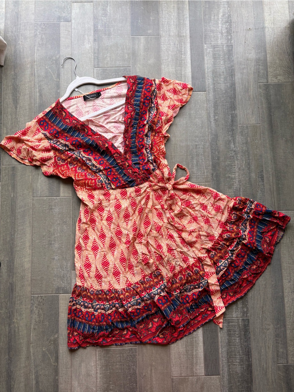 Zesica Red & Navy Printed Wrap Mini Dress
